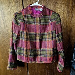 Vintage Y2K Newport News Wool Blend Multicolor Plaid Women's Zip Up Blazer | 6
